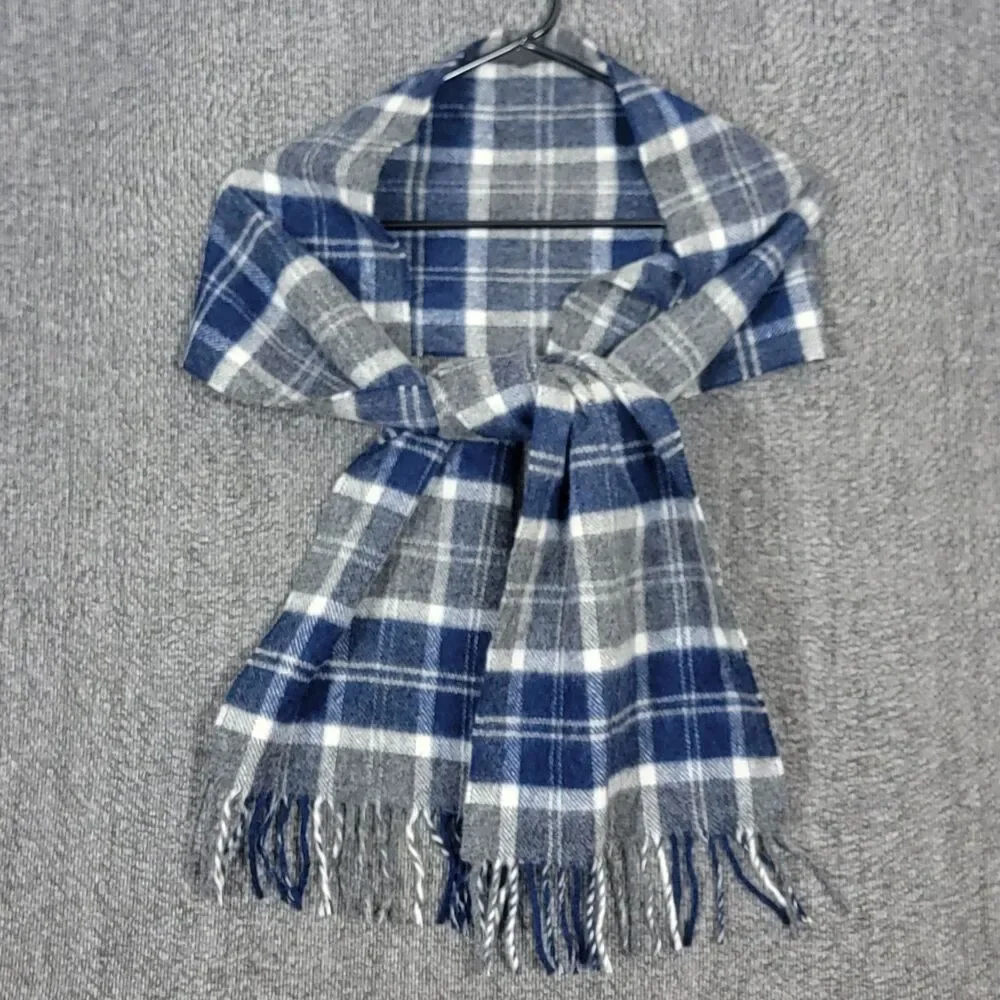 Bronte By Moon Scarf Womens Blue & Gray Plaid Fringed 100% Lambswool